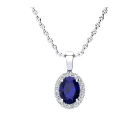 1 3/4 Carat Oval Shape Sapphire And Halo Diamond Necklace In 14 Karat White Gold With 18 Inch Chain