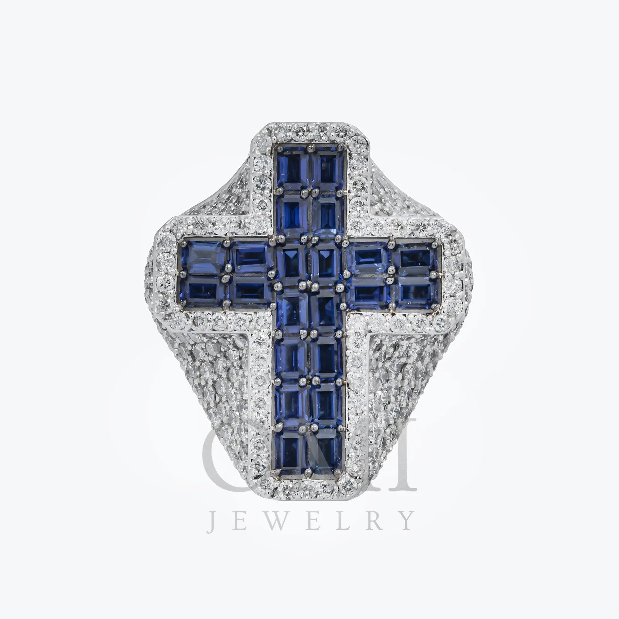 10K GOLD ROUND DIAMOND AND BLUE GEMSTONE CROSS STATEMENT RING 9.22 CTW