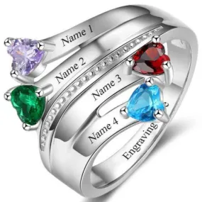 4 Birthstone Mother's Ring Passing Hearts Ribbon 4 Names