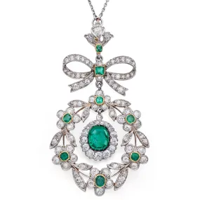 Antique Platinum and Yellow Gold 0.80ct Center Emerald Diamond Pendant Necklace