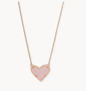 Ari Heart Short Pendant Necklace- Rose Gold Light Pink Drusy