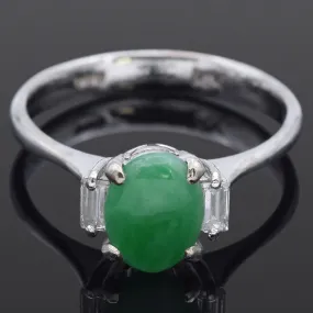 Estate 14K White Gold Green Jade & Diamond Three-Stone Band Ring