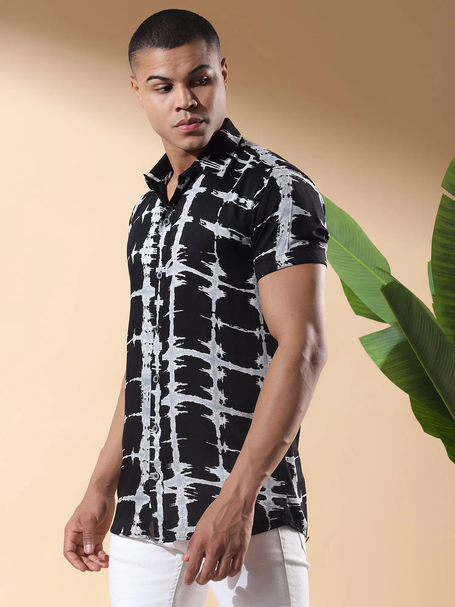 Half Casual Printed Cotton Shirt Regular Fit For Man-Black