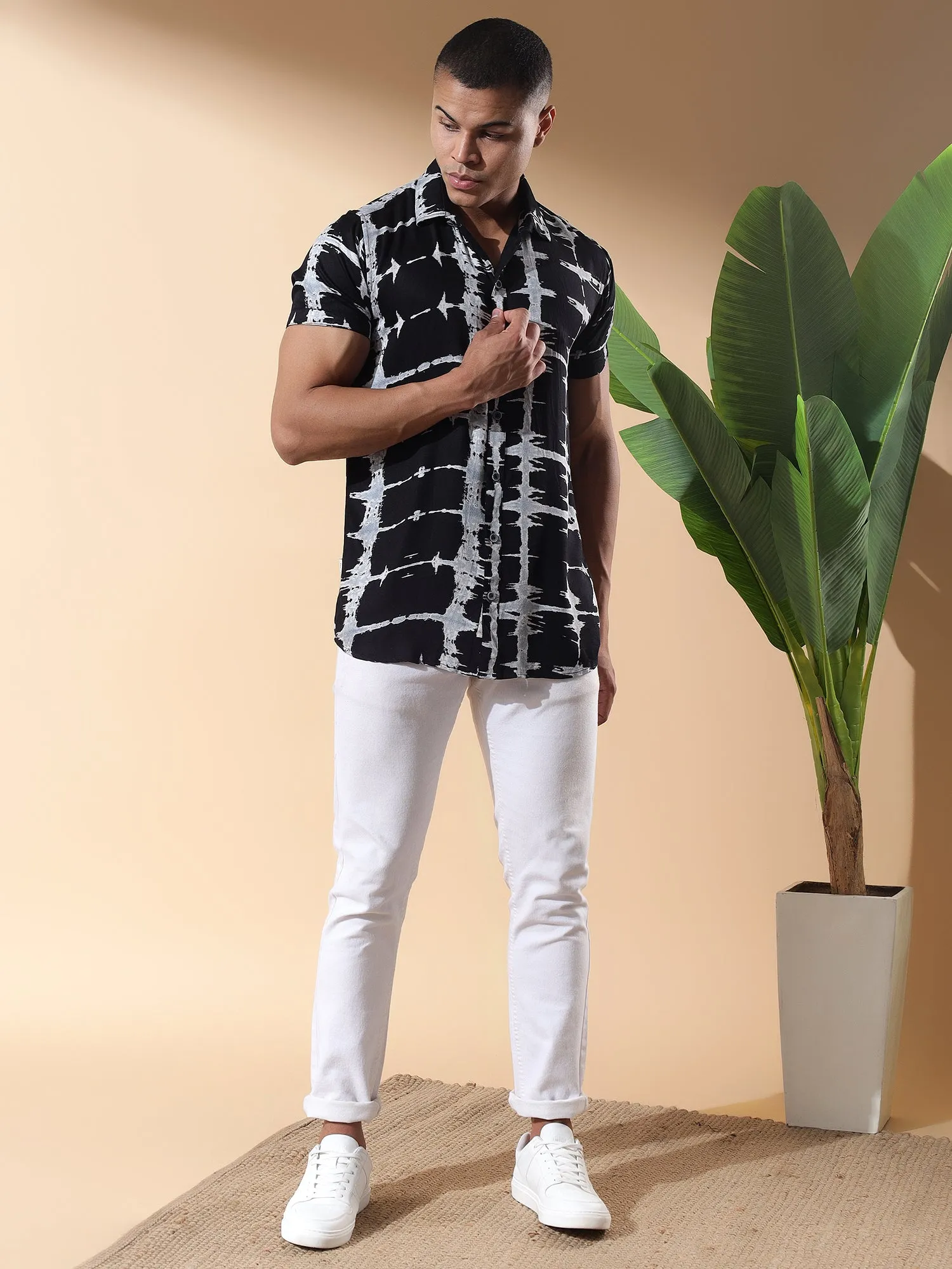 Half Casual Printed Cotton Shirt Regular Fit For Man-Black