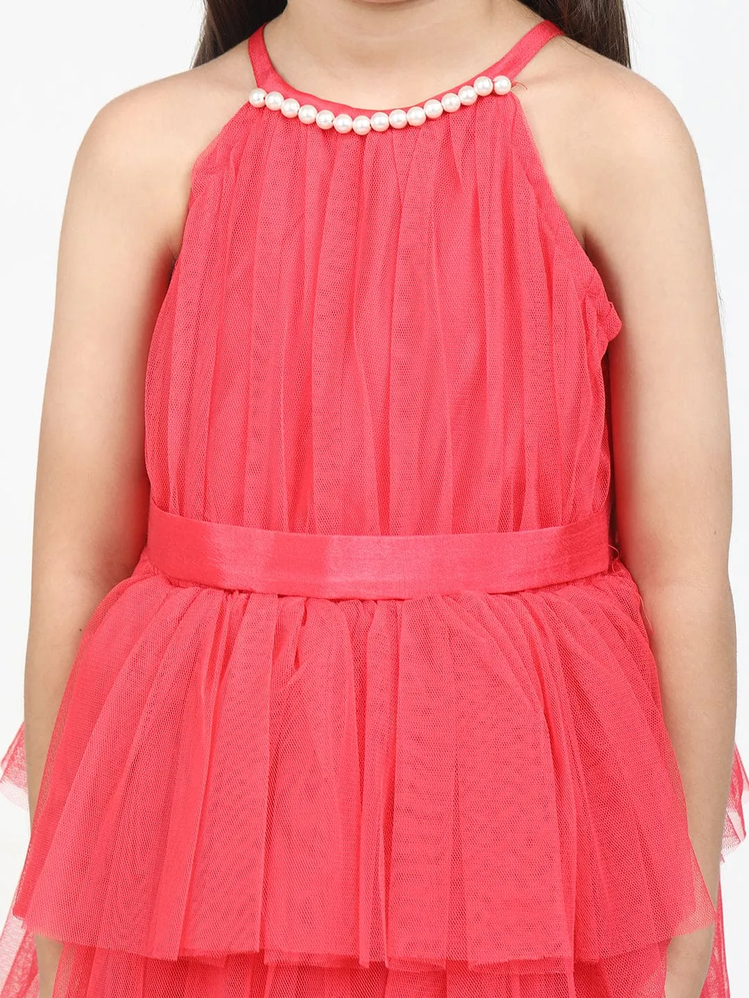 Layered Dress with Neck Pearl & hair band -coral pink