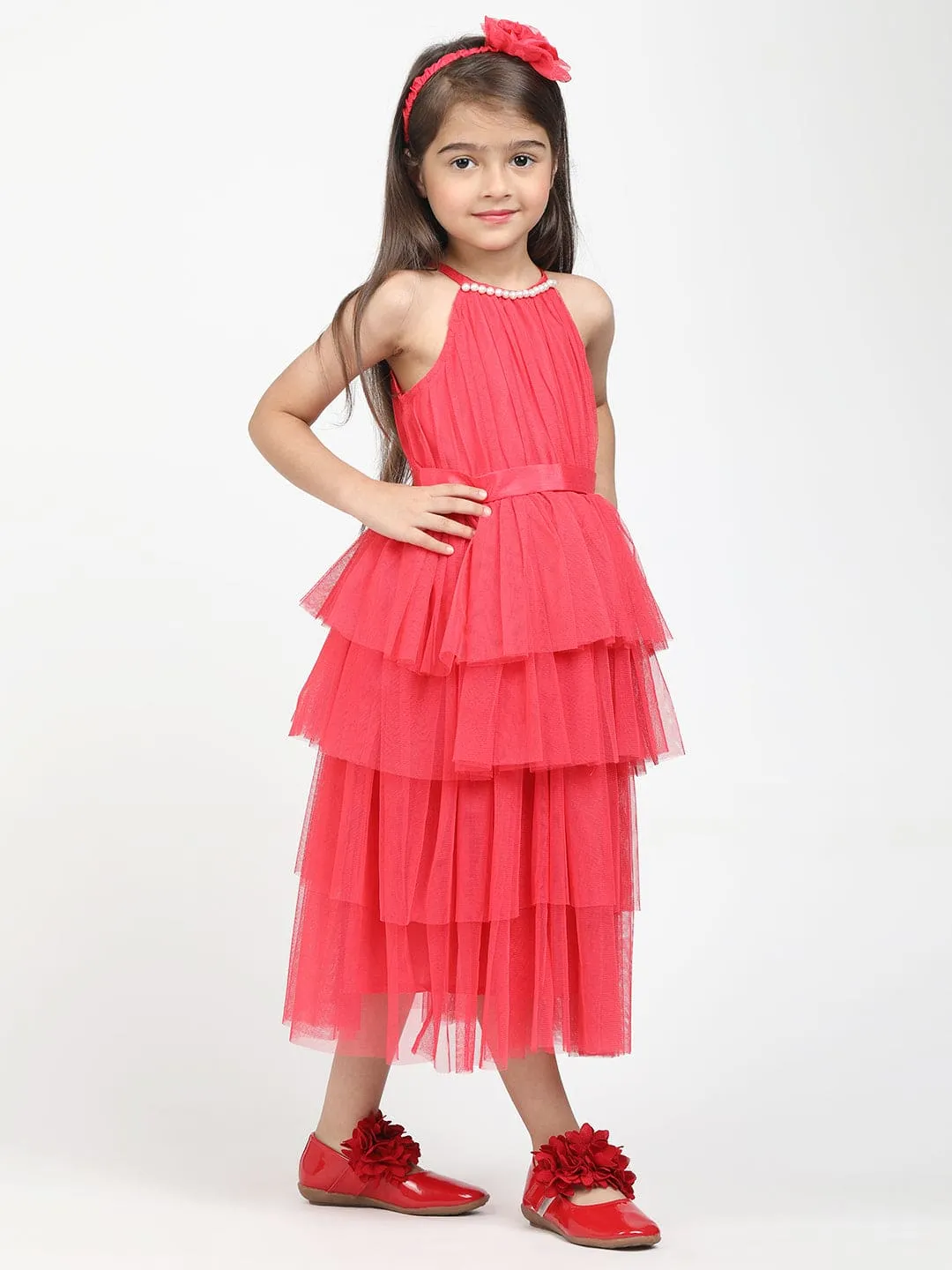 Layered Dress with Neck Pearl & hair band -coral pink