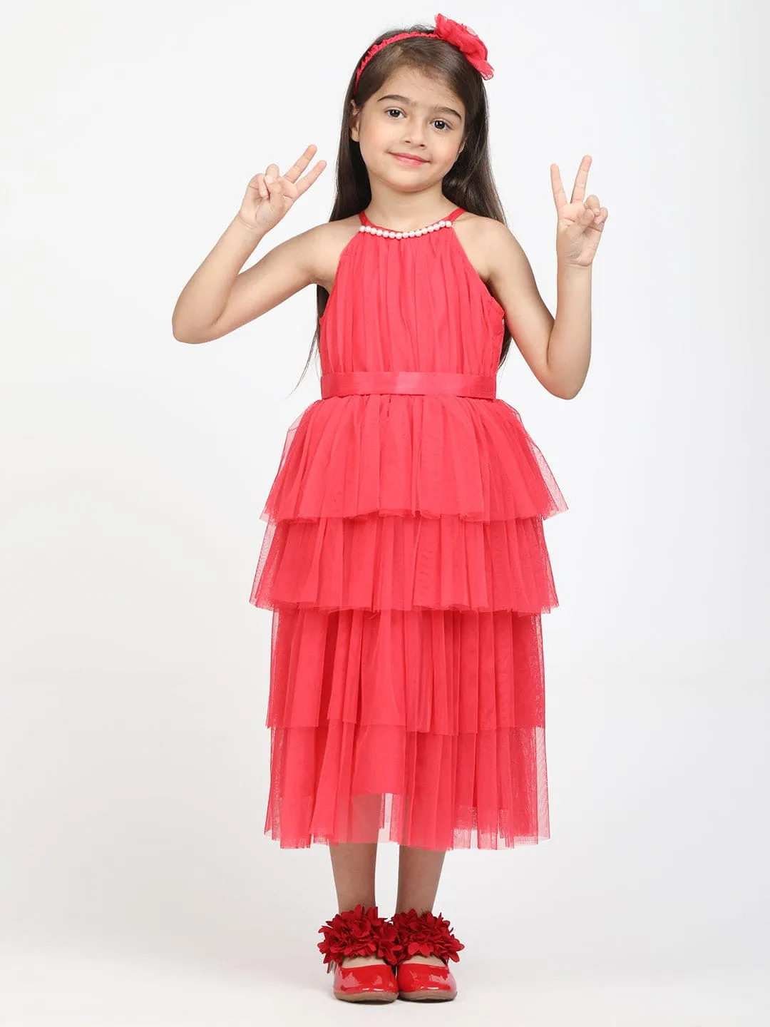 Layered Dress with Neck Pearl & hair band -coral pink