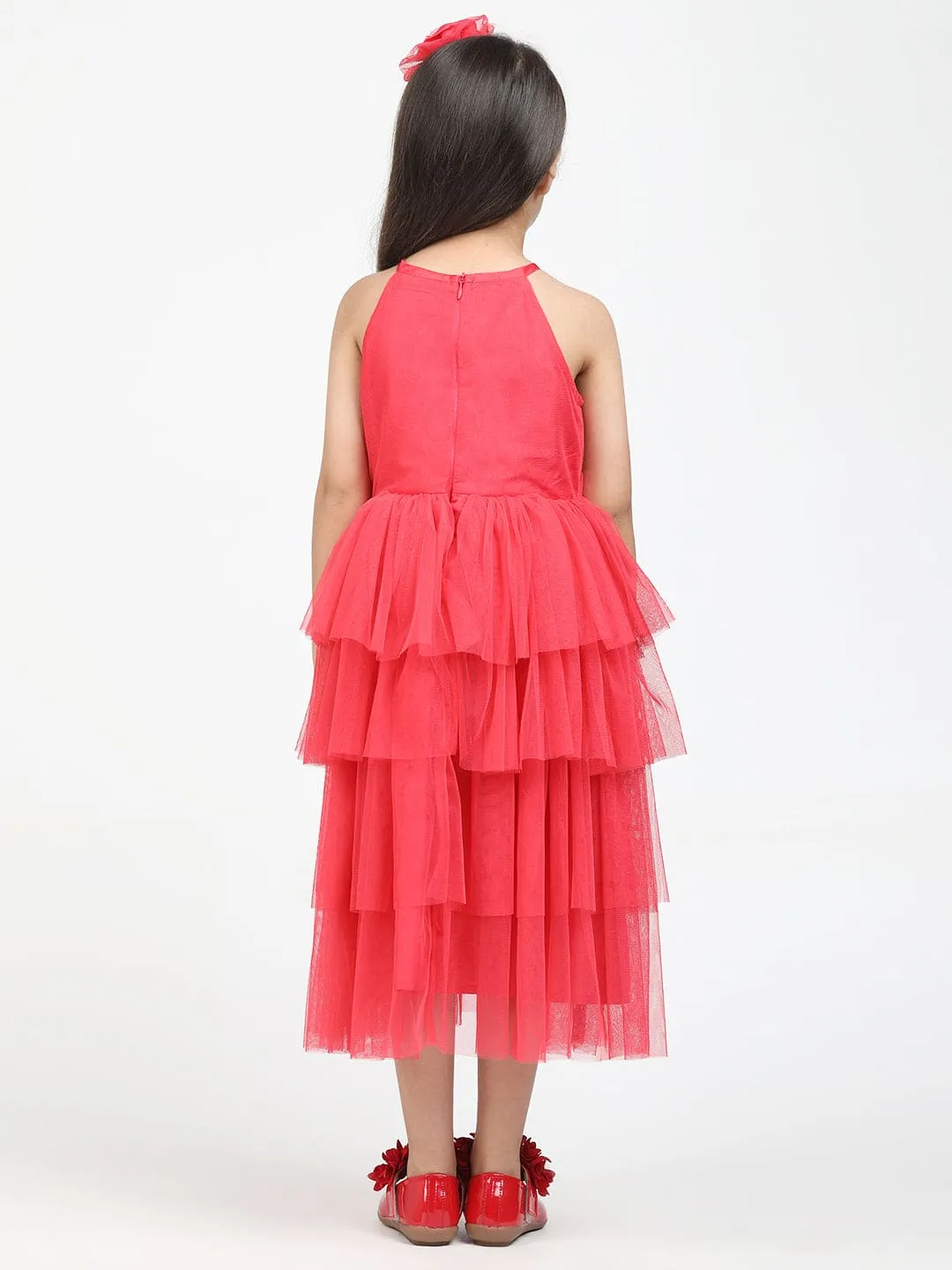 Layered Dress with Neck Pearl & hair band -coral pink