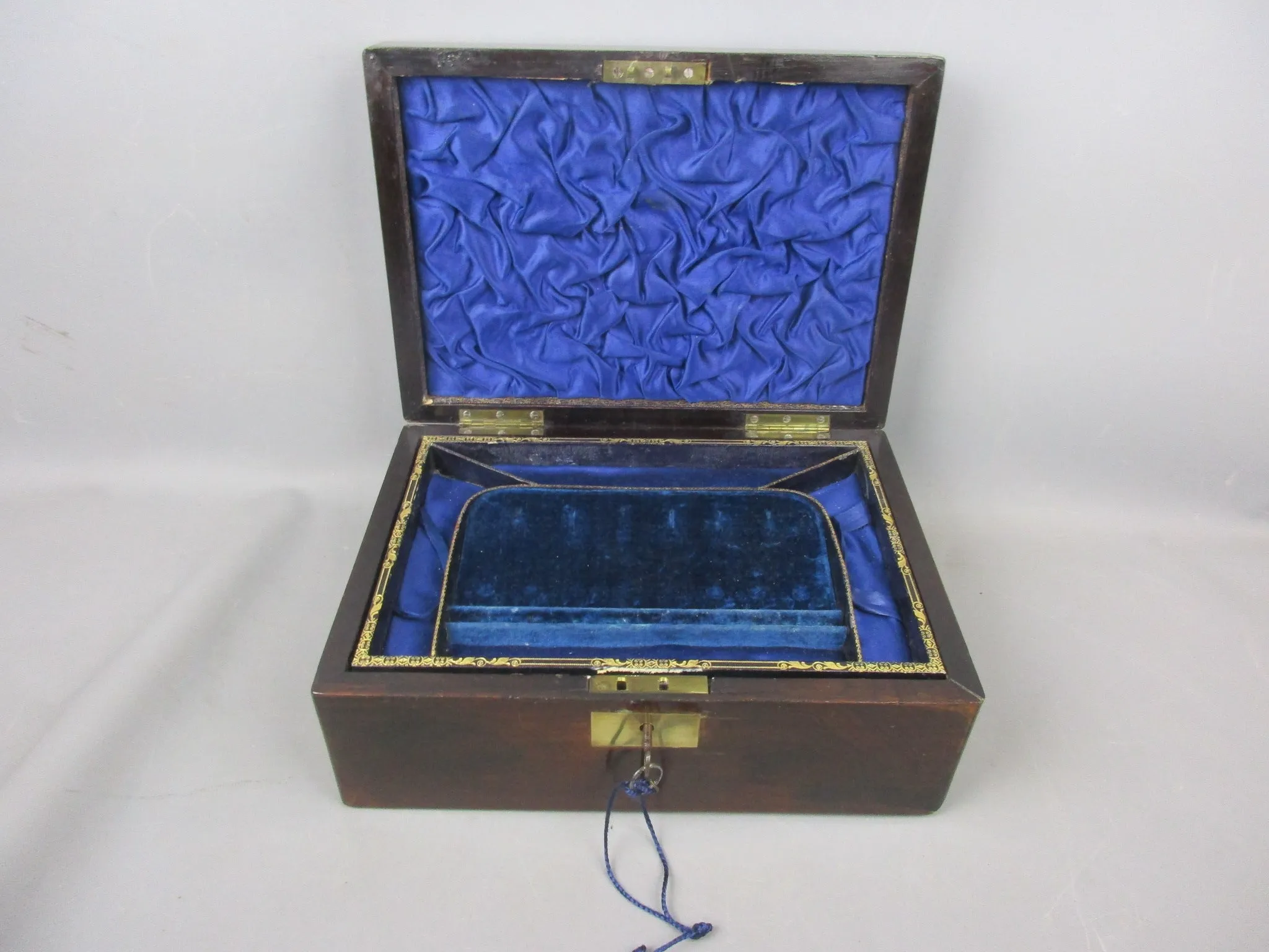 Mahogany Wood Three Layered Jewellery Box With Key Antique Victorian c1870