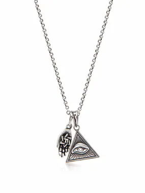 Men's Silver Necklace with Eye of Ra Triangle and Hamsa Hand Pendant