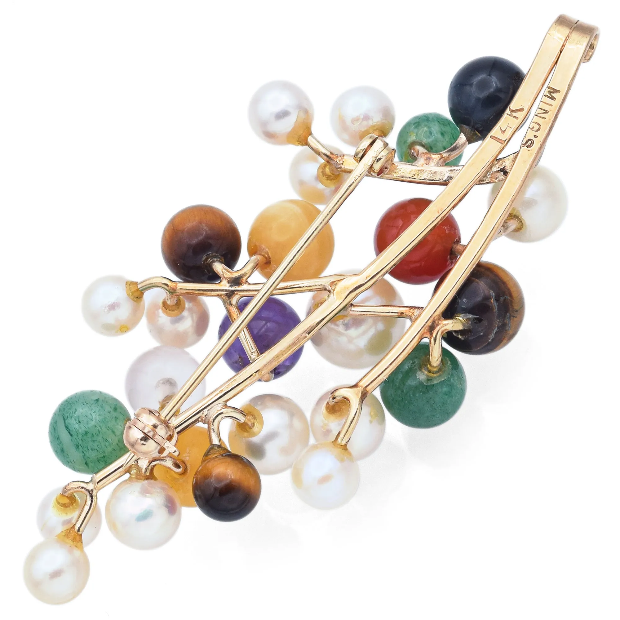 Ming's Vintage 14K Yellow Gold Multi-Stone & Pearl Cluster Leaf Brooch Pin