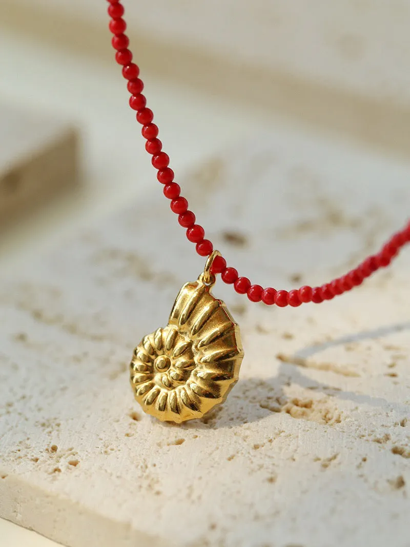 Mini Red Coral Beads Seashell Pendant