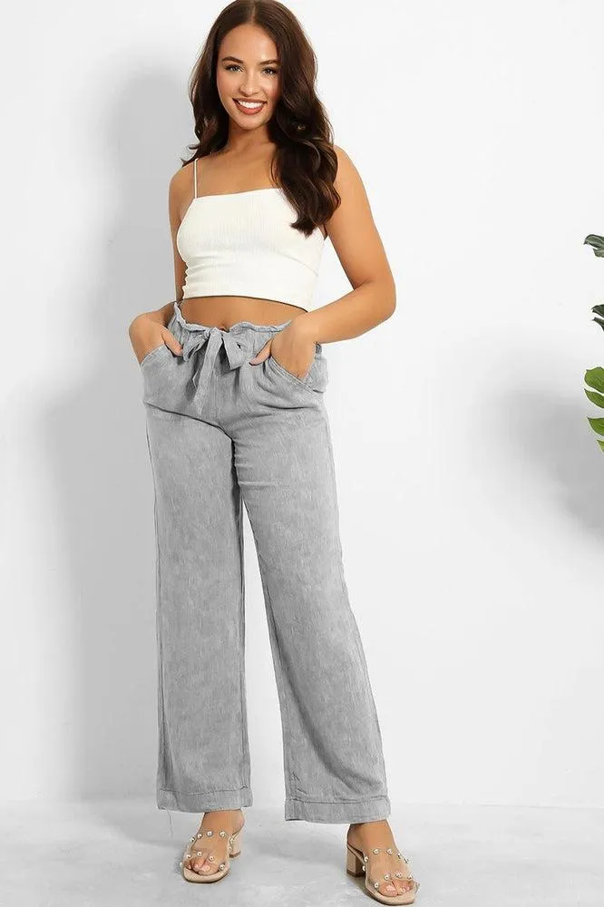 Paper Bag Waist Linen Blend Wide Leg Trousers