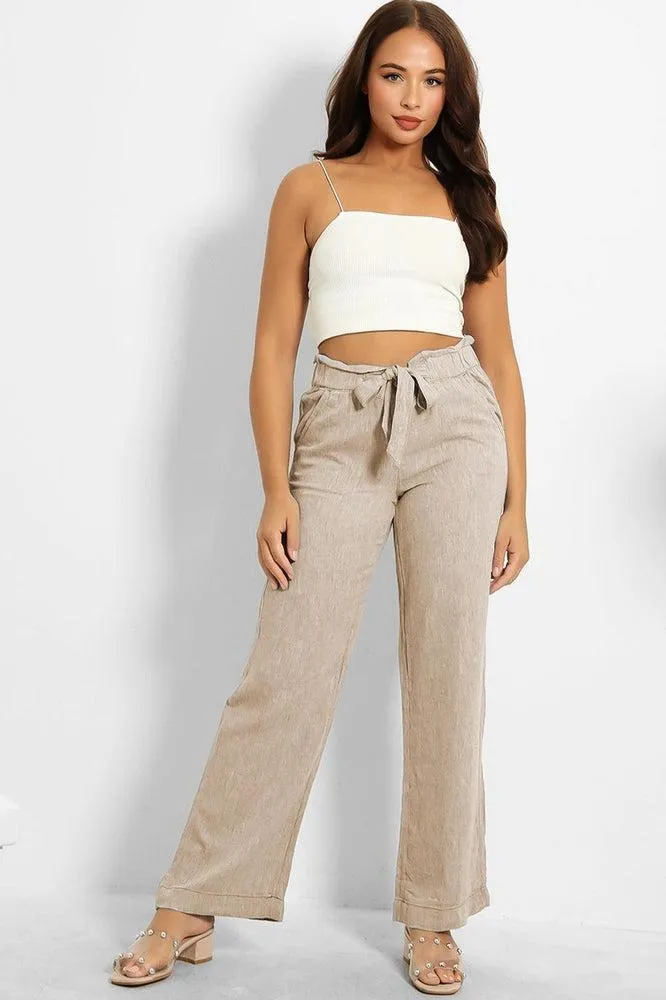 Paper Bag Waist Linen Blend Wide Leg Trousers