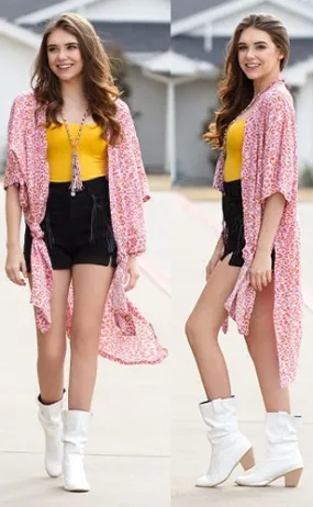 Pink & orange leopard kimono duster