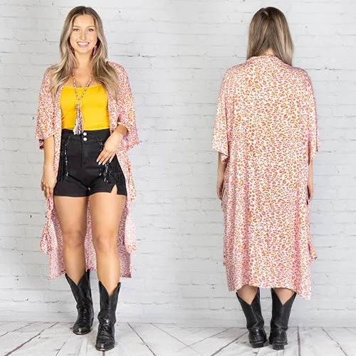 Pink & orange leopard kimono duster