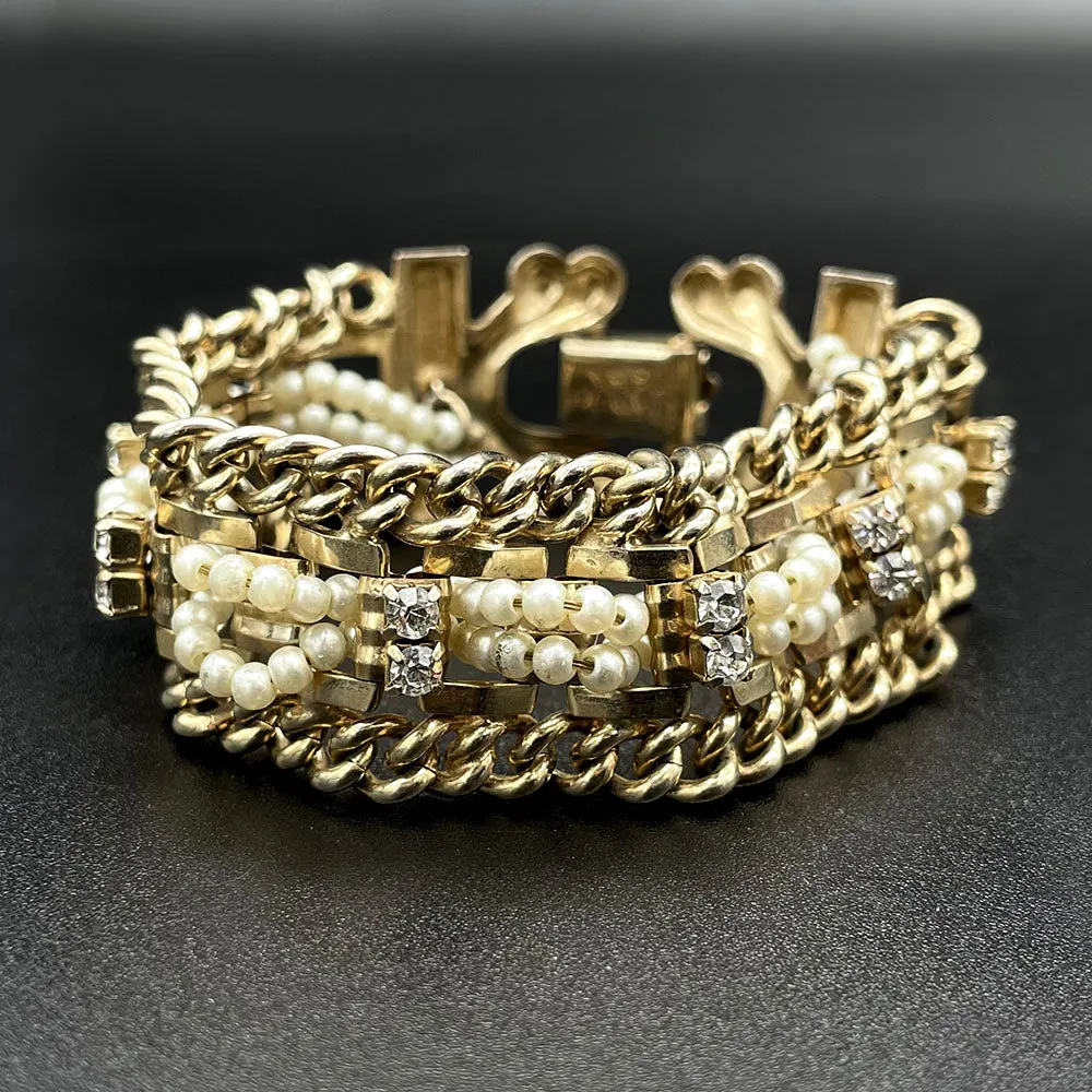 【USA輸入】ヴィンテージ パール クリアビジュー ブレスレット/Vintage Pearl Clear Bijou Bracelet