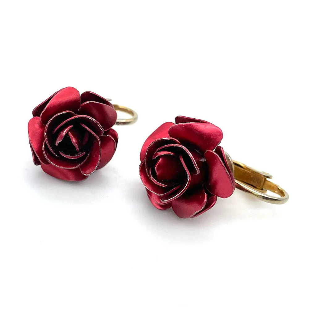 【USA輸入】ヴィンテージ レッド ローズ イヤリング/Vintage Red Rose Clip On Earrings