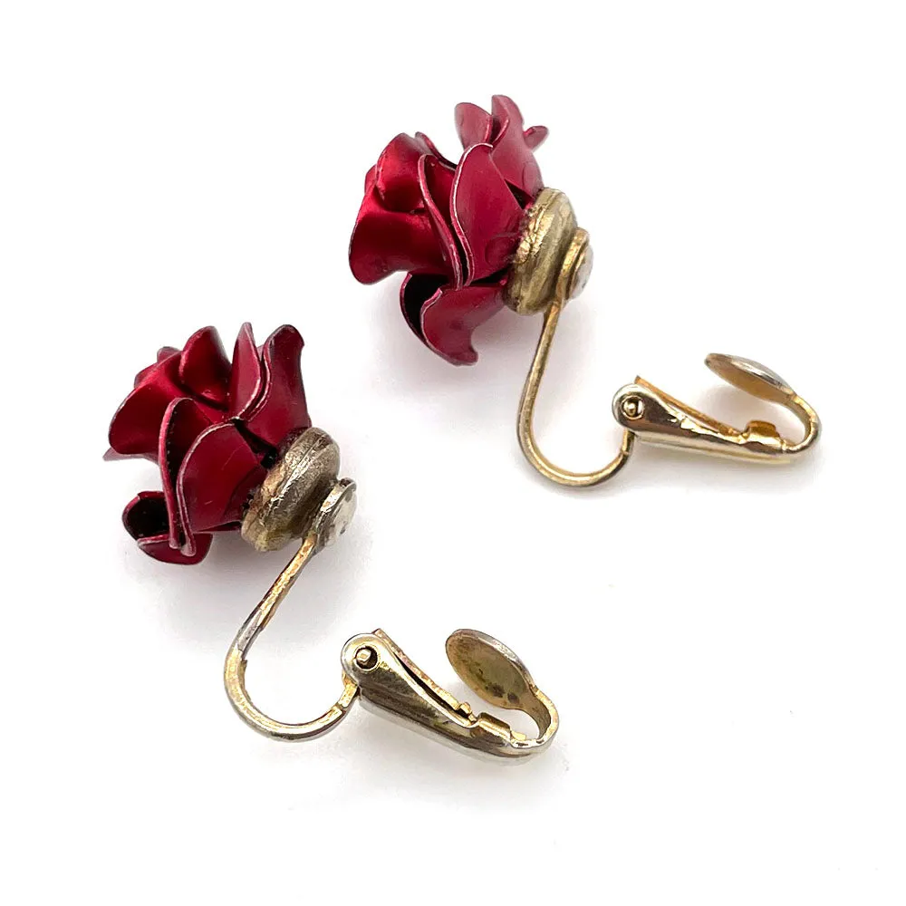 【USA輸入】ヴィンテージ レッド ローズ イヤリング/Vintage Red Rose Clip On Earrings