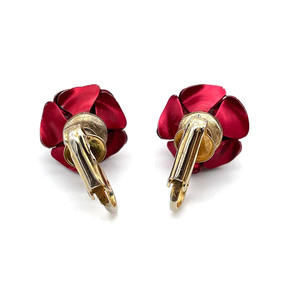 【USA輸入】ヴィンテージ レッド ローズ イヤリング/Vintage Red Rose Clip On Earrings