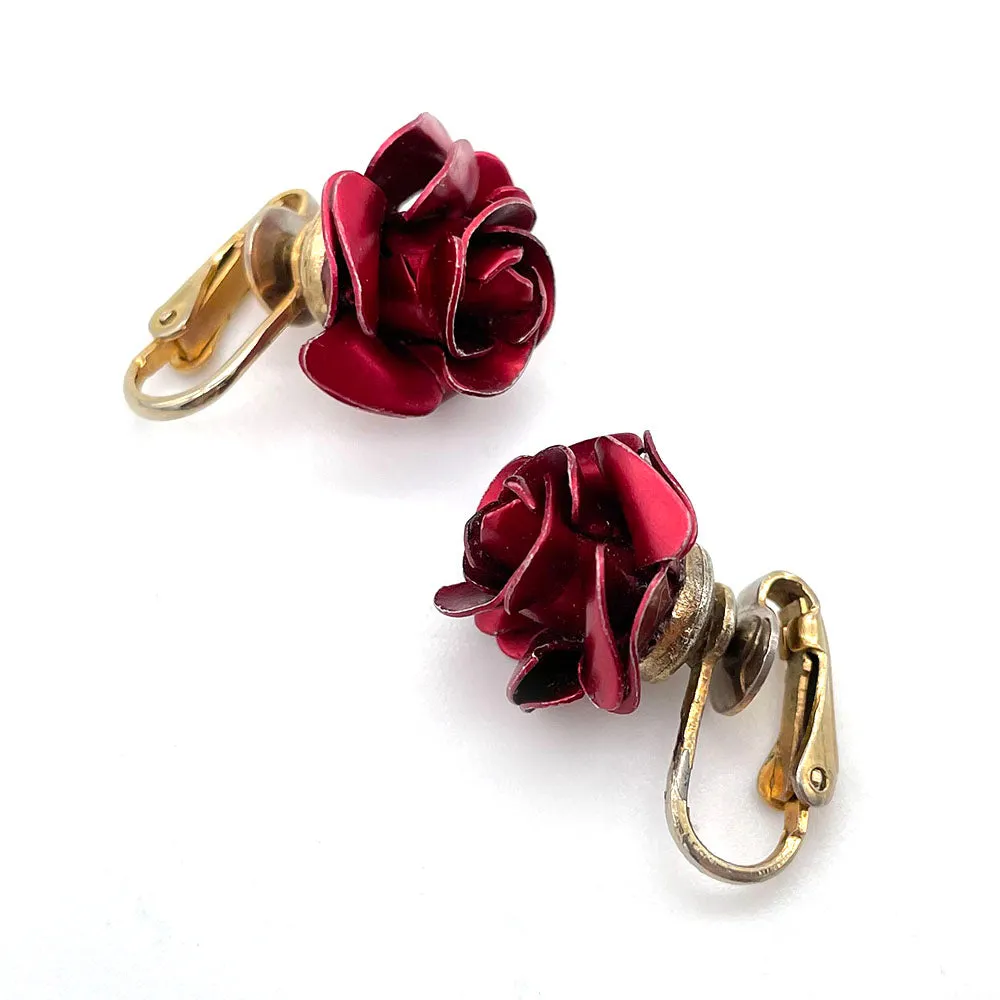 【USA輸入】ヴィンテージ レッド ローズ イヤリング/Vintage Red Rose Clip On Earrings