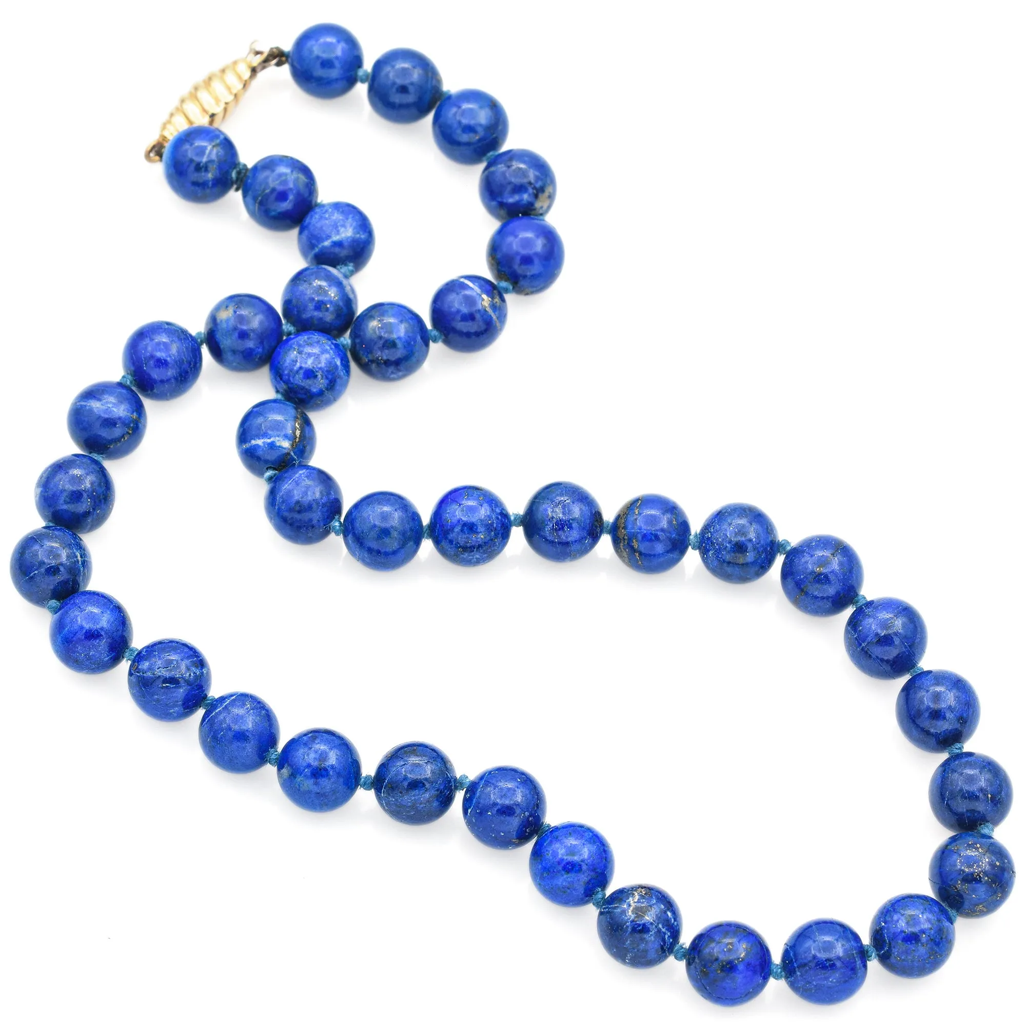 Vintage 10 mm Lapis Lazuli 14K Yellow Gold Beaded Strand Necklace 18.75 Inches