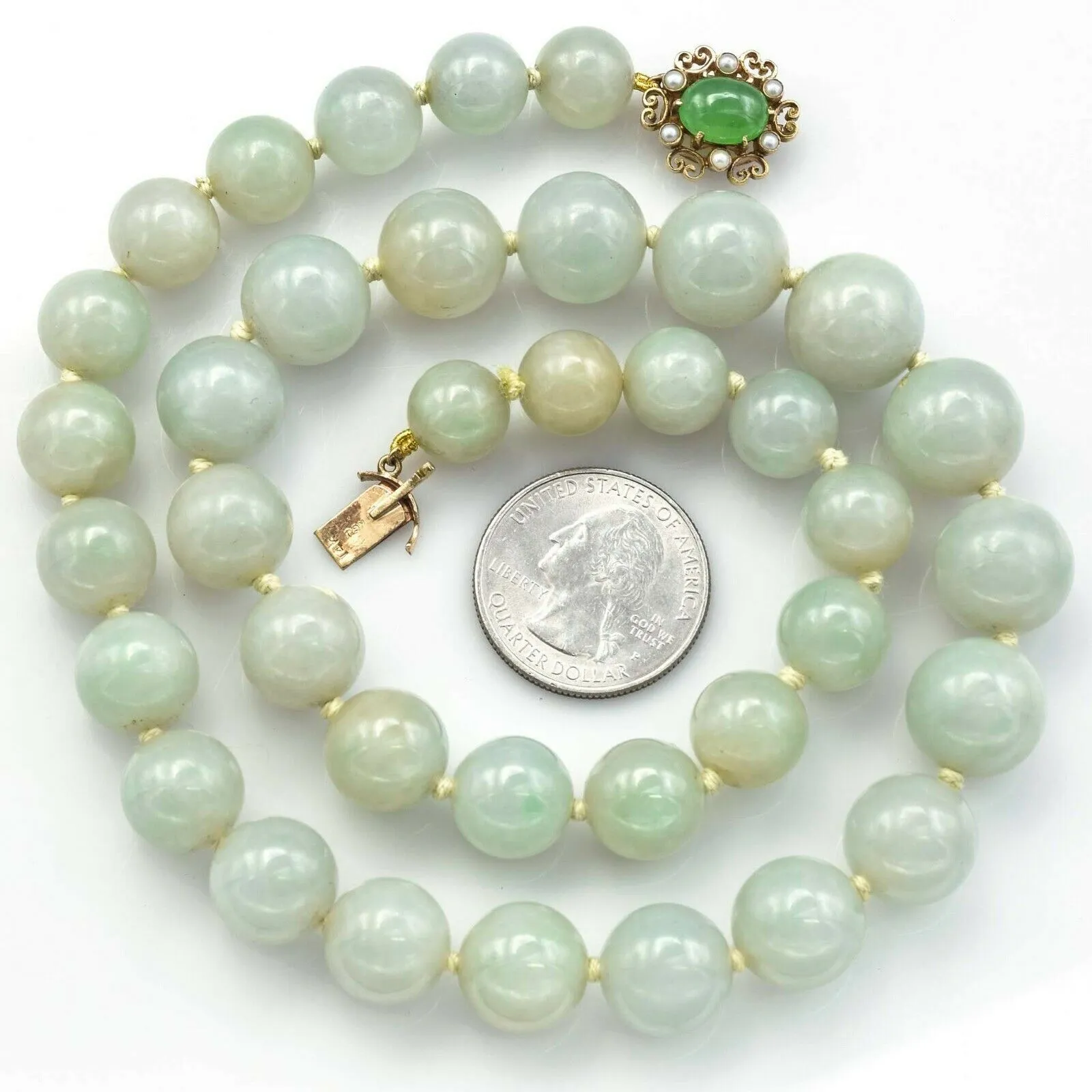 Vintage 14K Gold Large Graduated Celadon Green Jade & Pearl Beaded Necklace