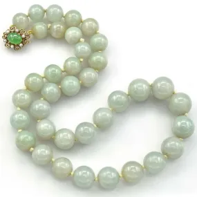 Vintage 14K Gold Large Graduated Celadon Green Jade & Pearl Beaded Necklace