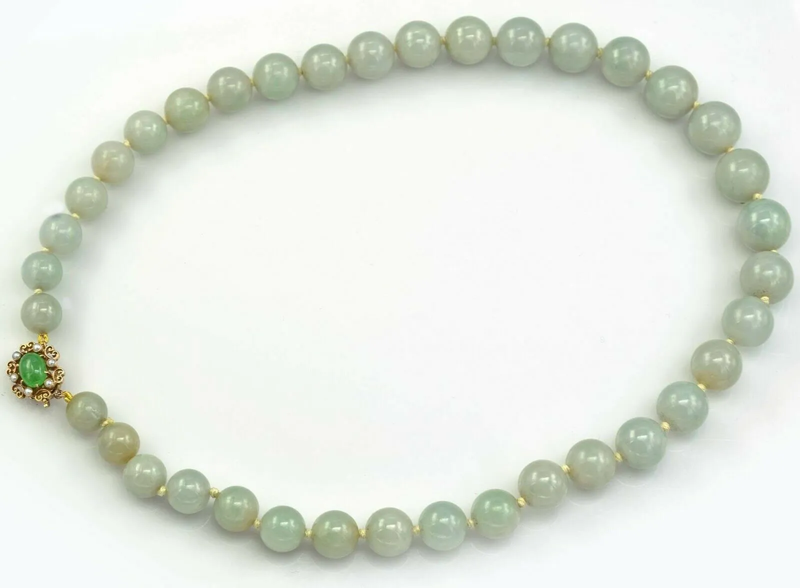 Vintage 14K Gold Large Graduated Celadon Green Jade & Pearl Beaded Necklace