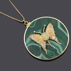 Vintage 14K Gold Malachite, Opal & Diamond Butterfly Large Pendant Necklace