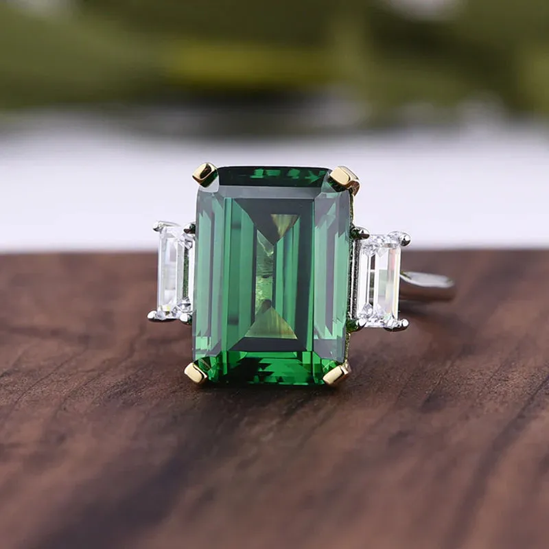 Vintage Emerald Green Three Stone Engagement Ring In Sterling Silver