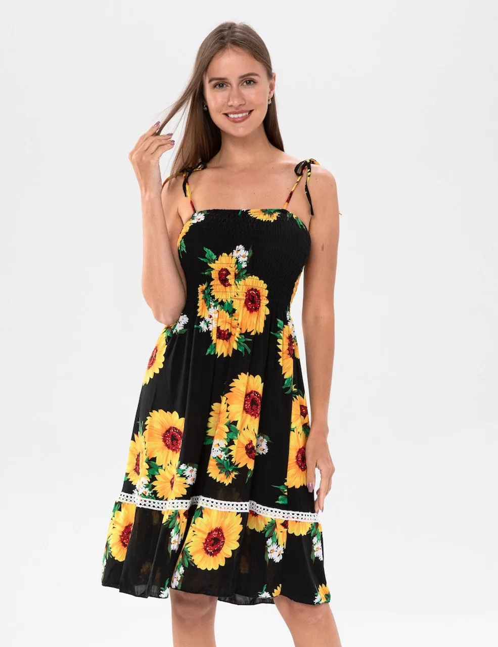 WOMEN'S BLACK SUNDRESS WITH SUNFLOWER PATTERN