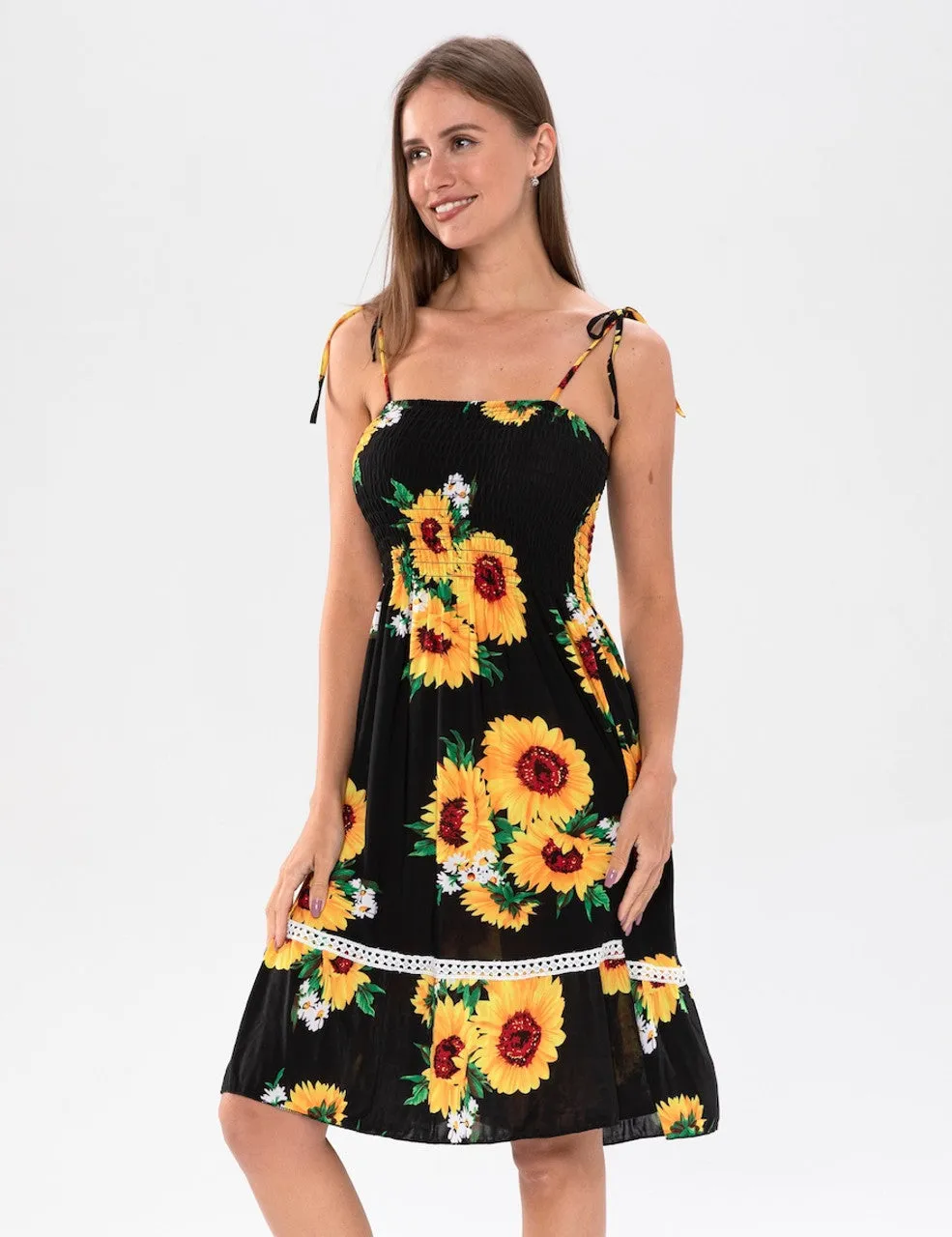 WOMEN'S BLACK SUNDRESS WITH SUNFLOWER PATTERN