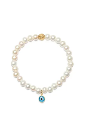 Wristband with White Pearls and Blue Evil Eye Charm