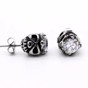 X960 Skull Design Stud Earrings with Cubic Zirconia on Top - Halloween Collection